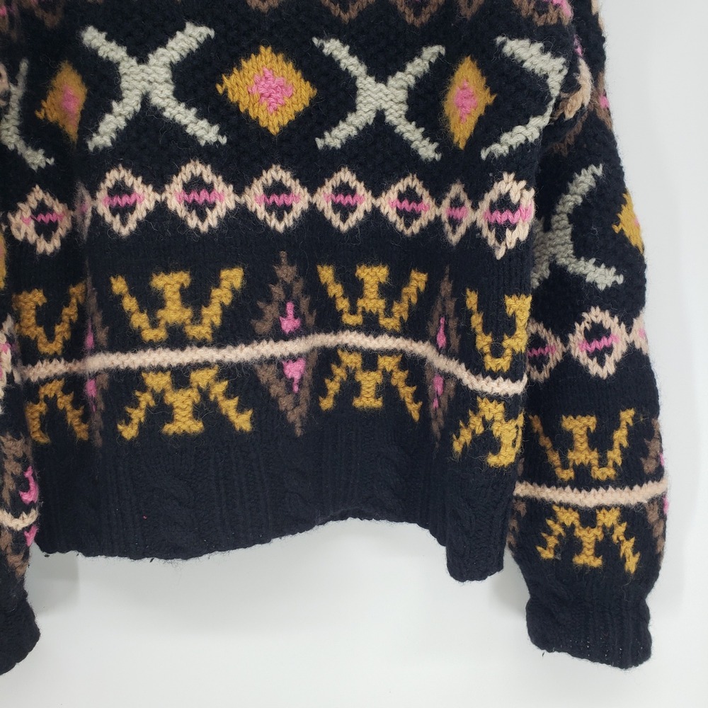 Vintage 90s Hand Knitted Wool Sweater Womens Sz Large Fair Isle Geometric Chunky - Picture 7 of 7